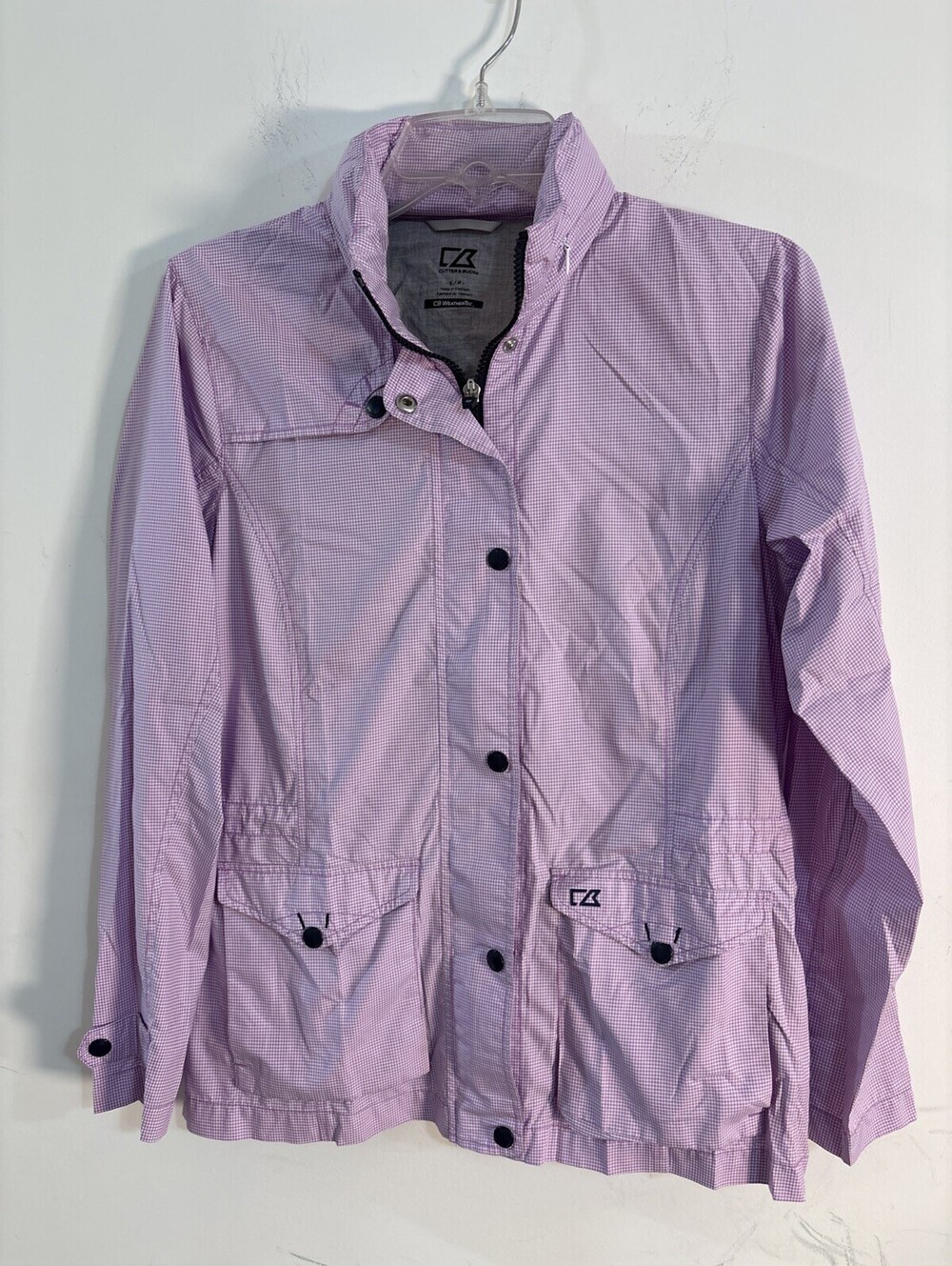 Cutter & Buck Womens Small Mini Gingham Hooded Windbreaker Jacket Purple NWOT